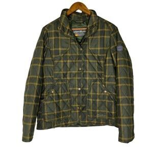 Eddie Bauer Sport Shop Women's Large Plaid Snap Quilted Puffer Jacket Army Green